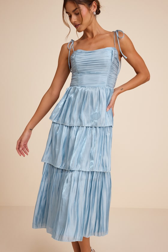 Tennon Light Pink Plisse Tiered Midi Dress