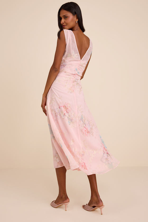 Jilly Blush Floral Embroidered Ruched Midi Dress
