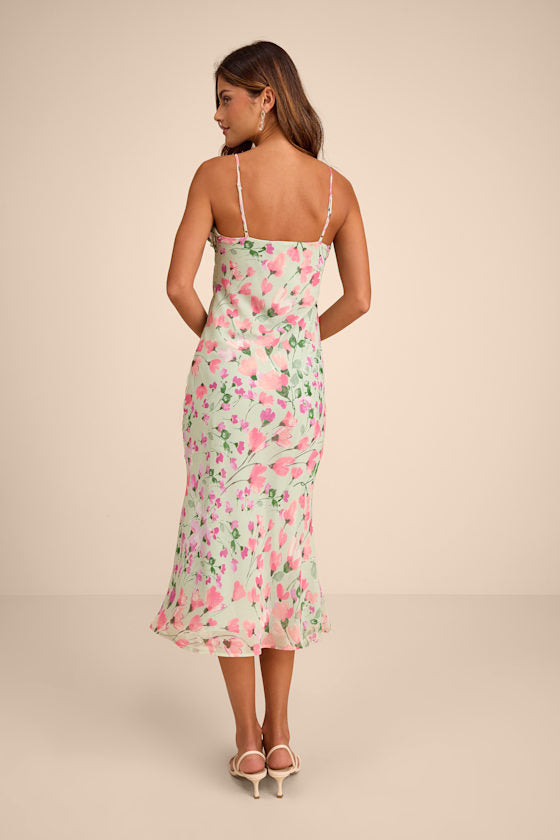 Oshia Sage Multi Floral Ruffled Midi Dress