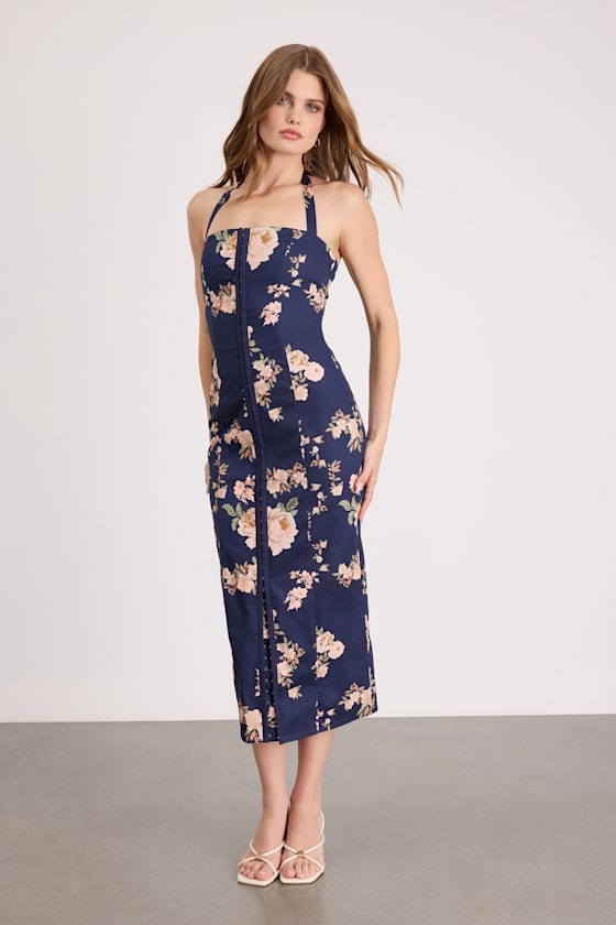 Arrosa Light Yellow Floral Halter Midi Dress