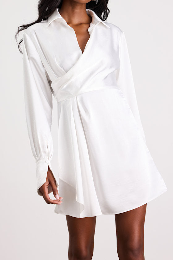 Rumaria White Satin Faux-Wrap Mini Dress #Color_White