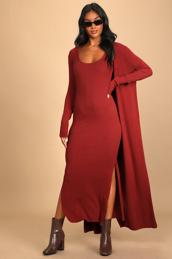 Layer Lover Brown Ribbed Knit Two-Piece Dress & Cardigan Set
