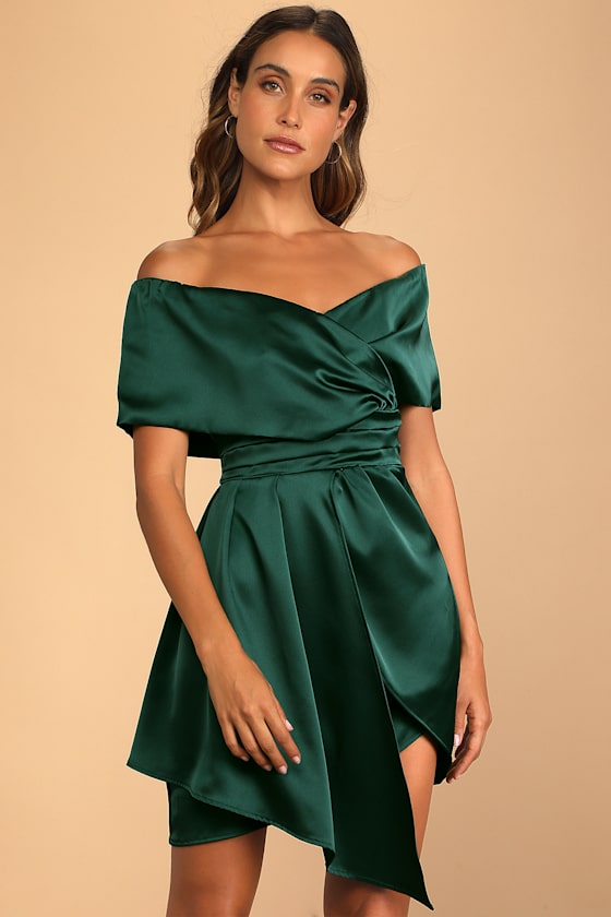 Always Celebrating Burgundy Satin Off-the-Shoulder Mini Dress