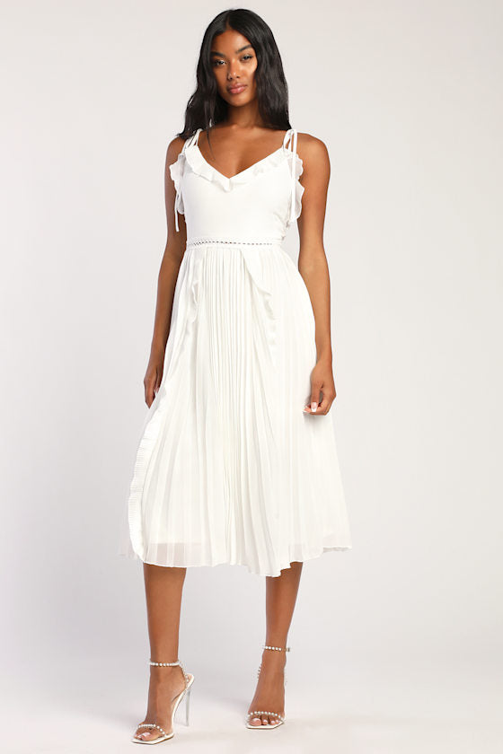 Never a Dull Moment Bright Red Tie-Strap Pleated Midi Dress