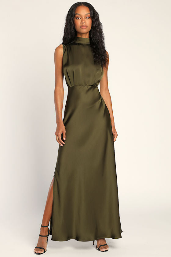 Classic Elegance Navy Satin Sleeveless Mock Neck Maxi Dress