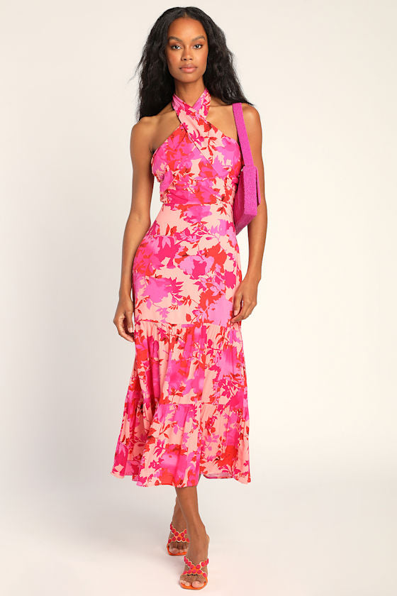 Always Eye-Catching Brown Tiered Halter Midi Dress