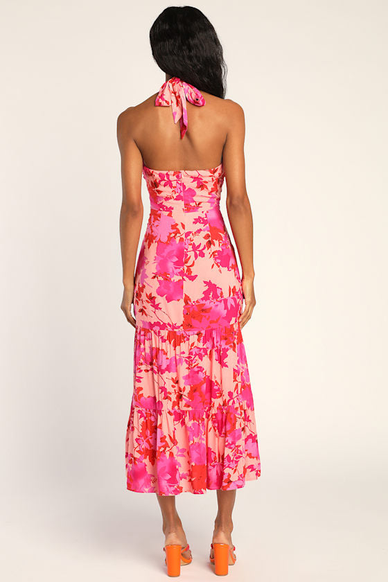 Always Eye-Catching Brown Tiered Halter Midi Dress