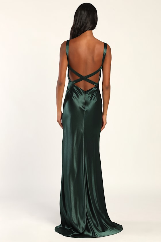 Perfectly Classy Emerald Green Satin Strappy Maxi Dress #Color_Emerald Green