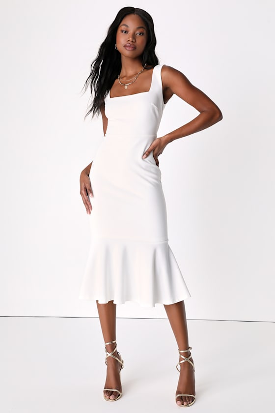 Moment Maker Black Square Neck Trumpet Midi Dress